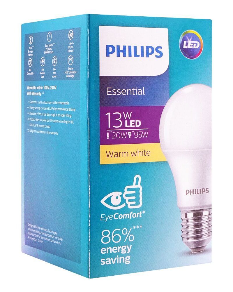 Philips Essential LED Bulb, 13W, E27 Cap, Warm White 3000K